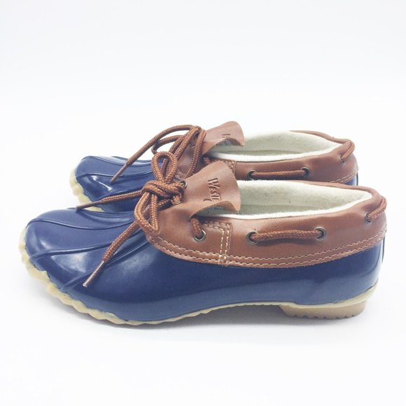 WESTERN CHIEF 7M Rain Duck Moccasin Slip On Navy / Brown Leather Womans - Picture 4 of 8